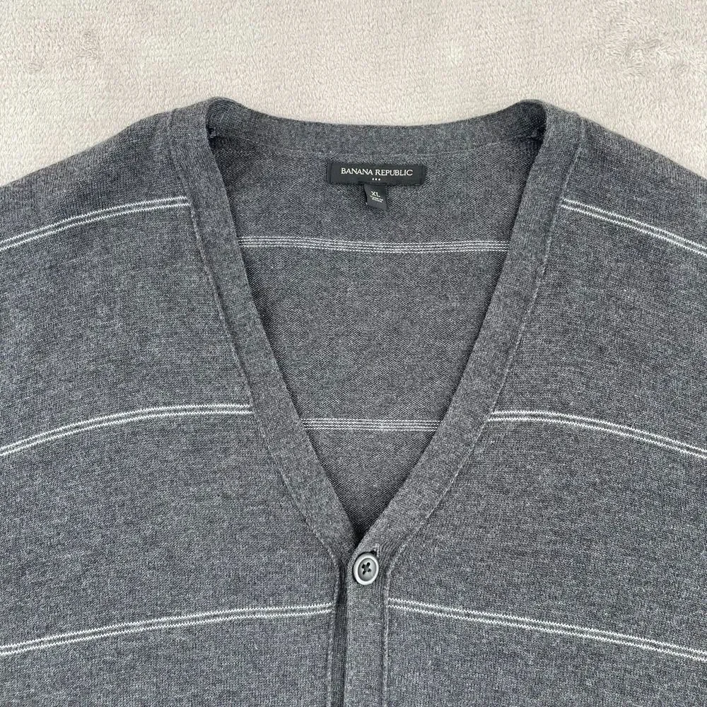 Banana Republic Cardigan Sweater Men XL Grey‎ Striped Soft Grandpa Preppy NWOT